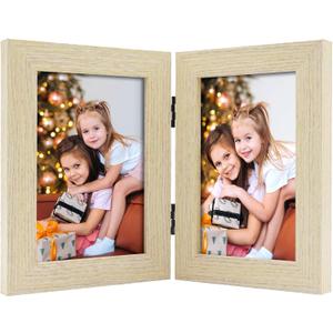 Frametory, 4x6 Double Picture Frame - Real Glass Hinged 2 Photos Collage, Desktop Picture Frame Standing Vertical (Natural, 1 Pack) (Beige)
