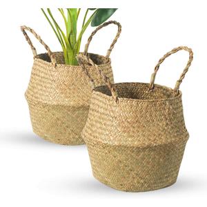 BrilliantJo Seagrass Belly Basket, Set of 2 Woven Plant Pot Holder handmade Home Decor for Storage Plants Picnic Grocery Medium(10.63 x 9.44 inch)