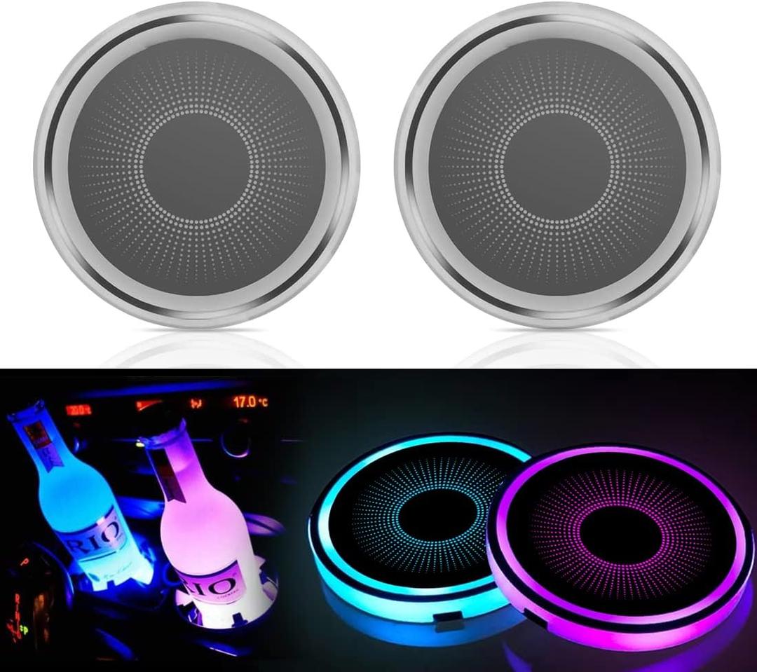 2PCS LED Cup Holder Lights for Car, Rechargeable 7 Color-Changing Light Up Cup Holder Insert Coasters, Car Accessories for Teens, Car Gifts for Men & Women