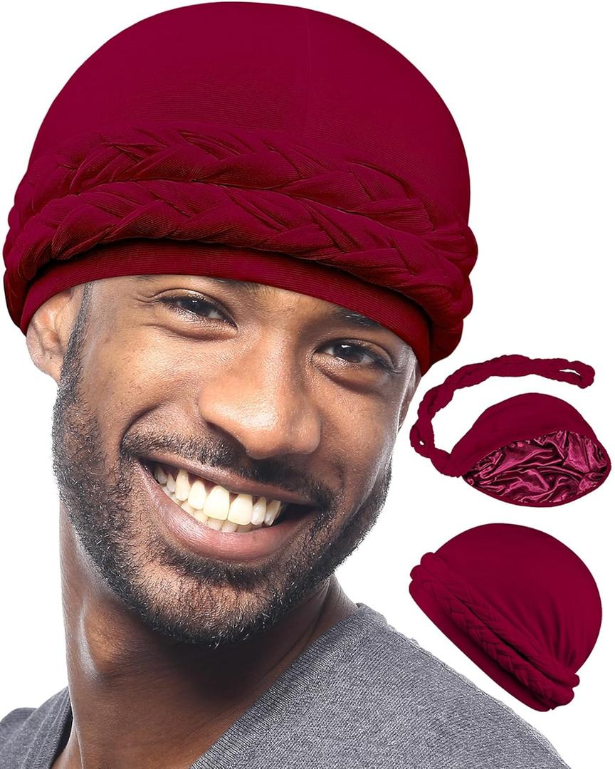 Babalet Halo Turban for Men Women Satin Lined Durag Skull Cap Pre-Tied Handmade Braids Tail Beanie Sleeping Bonnet, Burgundy (One Size), 2Pcs
