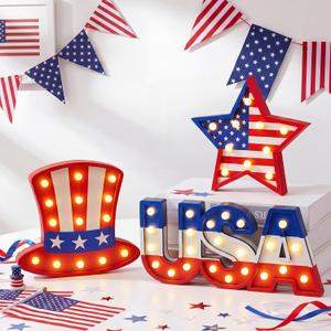 Novabright 3 Pcs 4th of July Decorations Patriotic Decorations Light up Three Sizes Wooden Sign with LED Lights, 250th Anniversary Independence Day Decor for Home Mantel Fireplace Table Party