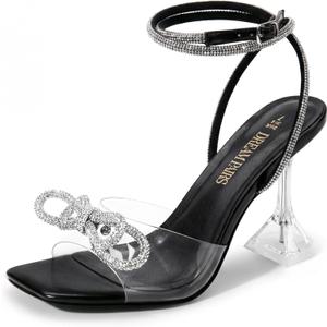 DREAM PAIRS Stiletto Bow Heels for Women Strappy Sparkly Rhinestone Square Toe Clear Crystal High Sandals for Party Wedding, Size 8.5,Black-Pu,SDHS2481W