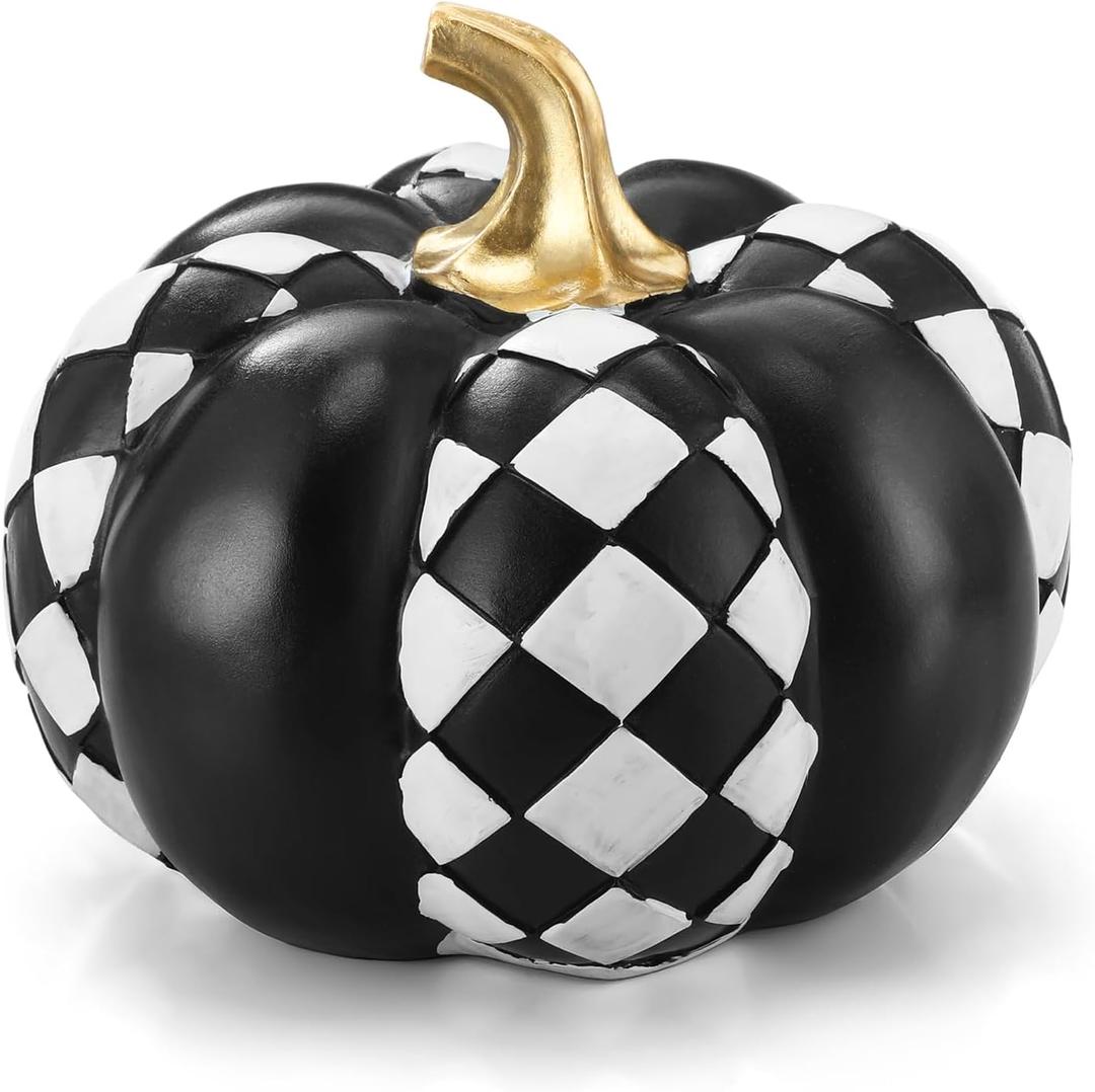 Thyle 8'' Black and White Checkered Pumpkins Fall Decoration