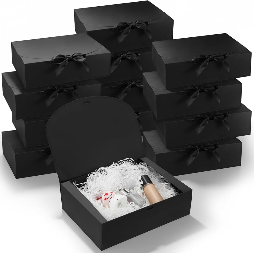 Xaajooio 12 Pack 10.6x7.8x3.1 Inch Black Gift Boxes with Lids, Bridesmaid Proposal Box, Luxury Gift Box with Ribbon for Wedding, Birthday, Christmas, Graduation, Party, 1 count