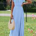 KIRUNDO Women's Summer Maxi Dresses Elegant V Neck Ruffle Flutter Sleeves Empire Waist Pleated Flowy Wedding Guest Dress (Blue, XL)