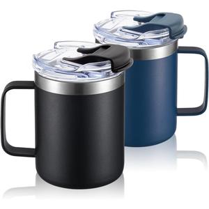 ALOUFEA 12oz Stainless Steel Insulated Coffee Mug with Handle, Double Wall Vacuum Travel Mug, Tumbler Cup with Fliping Lid, Black and Navy