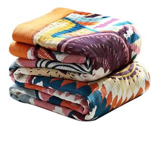 Boho Throw Blanket, 100% Organic Muslin Cotton Skin-friendly Breathable Ultra Soft Bed Quilt Throw - All Season Bohemian Decor Luxury Colorful Blanket for Sofa Couch Chair and Gift. 50" x 60"