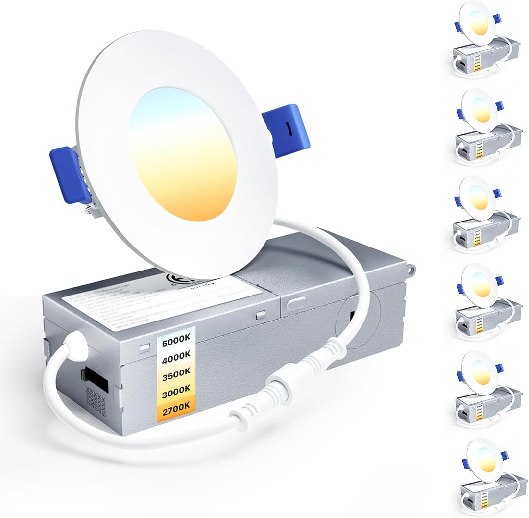 Ensenior 6 Pack 3 Inch LED Recessed Light, Dimmable, 2700K-5000K 5CCT, 500LM High Brightness, 6W 120V, Damp Rated, Ultra-Thin Canless Wafer Light - ETL & FCC & IC