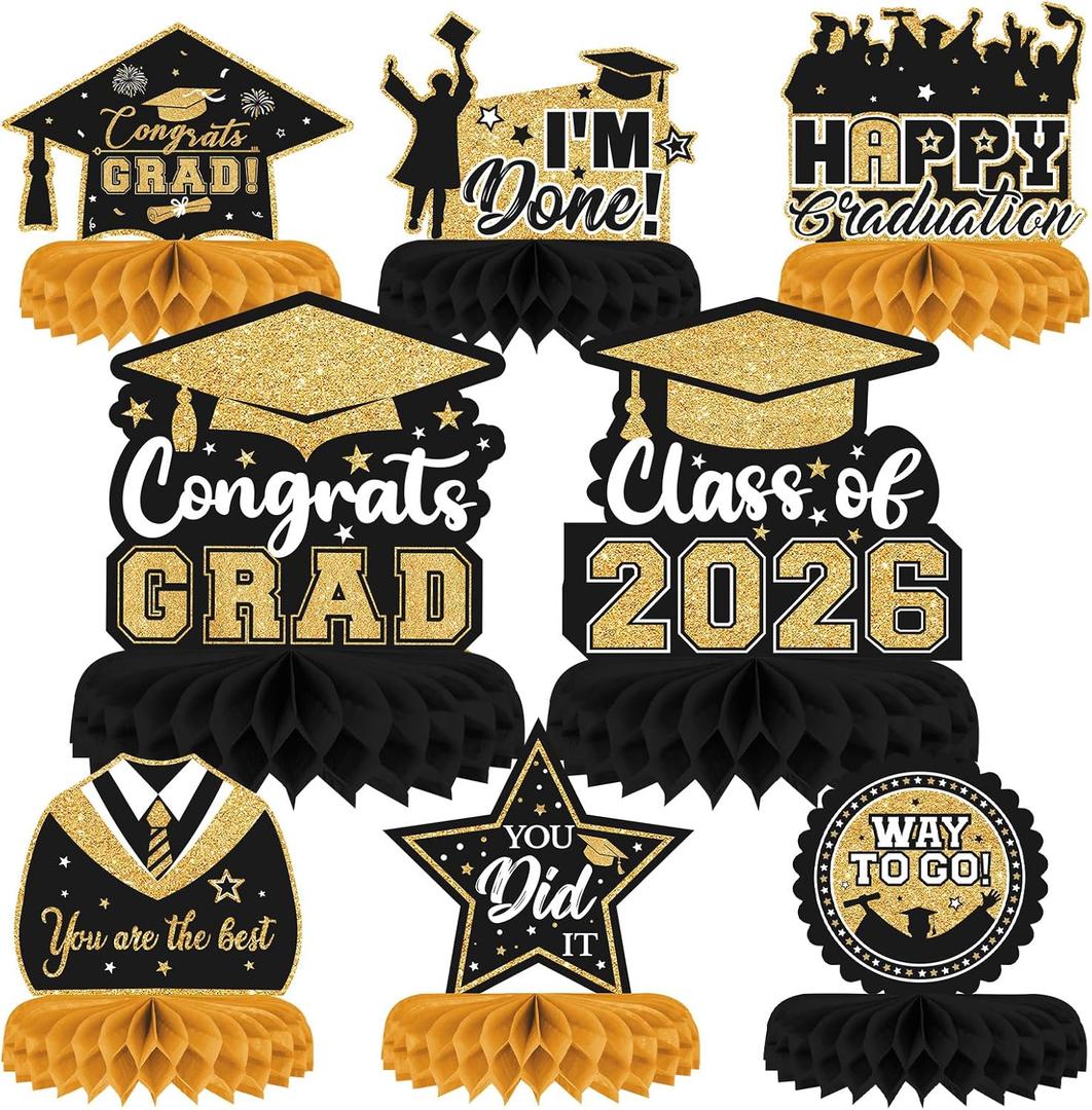 2 x 8 Pieces Class of 2026 Graduation Table Decorations - Congrats Grad Honeycomb Centerpieces, Black and Gold Graduation Table Toppers Decor for 2026 Graduation Party Decorations Favor Supplies