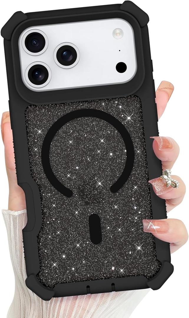 Bonoma for iPhone 17 Pro Max Case 2025, Sparkly Glitter Bling Back, Magnetic Support for MagSafe Shockproof Cover, Crystal and Corner High-Duty Protection for Girls Women -Black