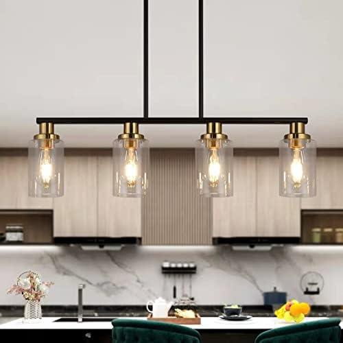 Island Lights for Kitchen, 4-Light Farmhouse Dining Room Light Fixtures Over Table, Matte Black and Gold Linear Chandeliers for Dining Room，Industrial Pendant Lighting with Clear Glass Shade