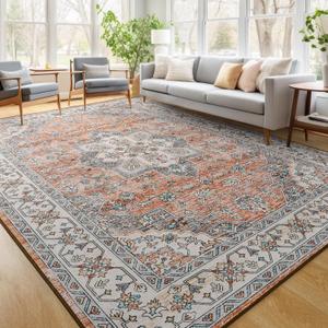 FlyDOIT Vintage Washable Area Rug, 5x8 Orange Floral Medallion Rugs for Living Room, Ultra Soft Accent Bedroom Rug, Indoor Non-Slip Low-Pile Throw Carpet for Entryway Dorm Kitchen Dining Room Decor