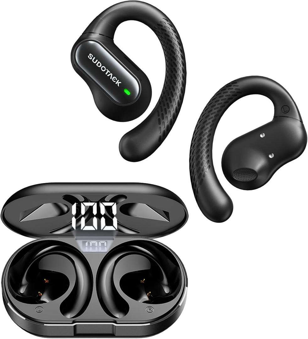 SUDOTACK Ultrafit Wireless Open Ear Headphones, Up to 30 Hours Playtime Air Conduction Sport Earbuds, 5.3 Bluetooth Wireless Earphones with LED Display, Sweat-Proof for Workouts and Running (Black)