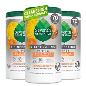 Seventh Generation Disinfecting Multi-Surface Wipes, Lemongrass Citrus, 70 Count, Pack of 3 