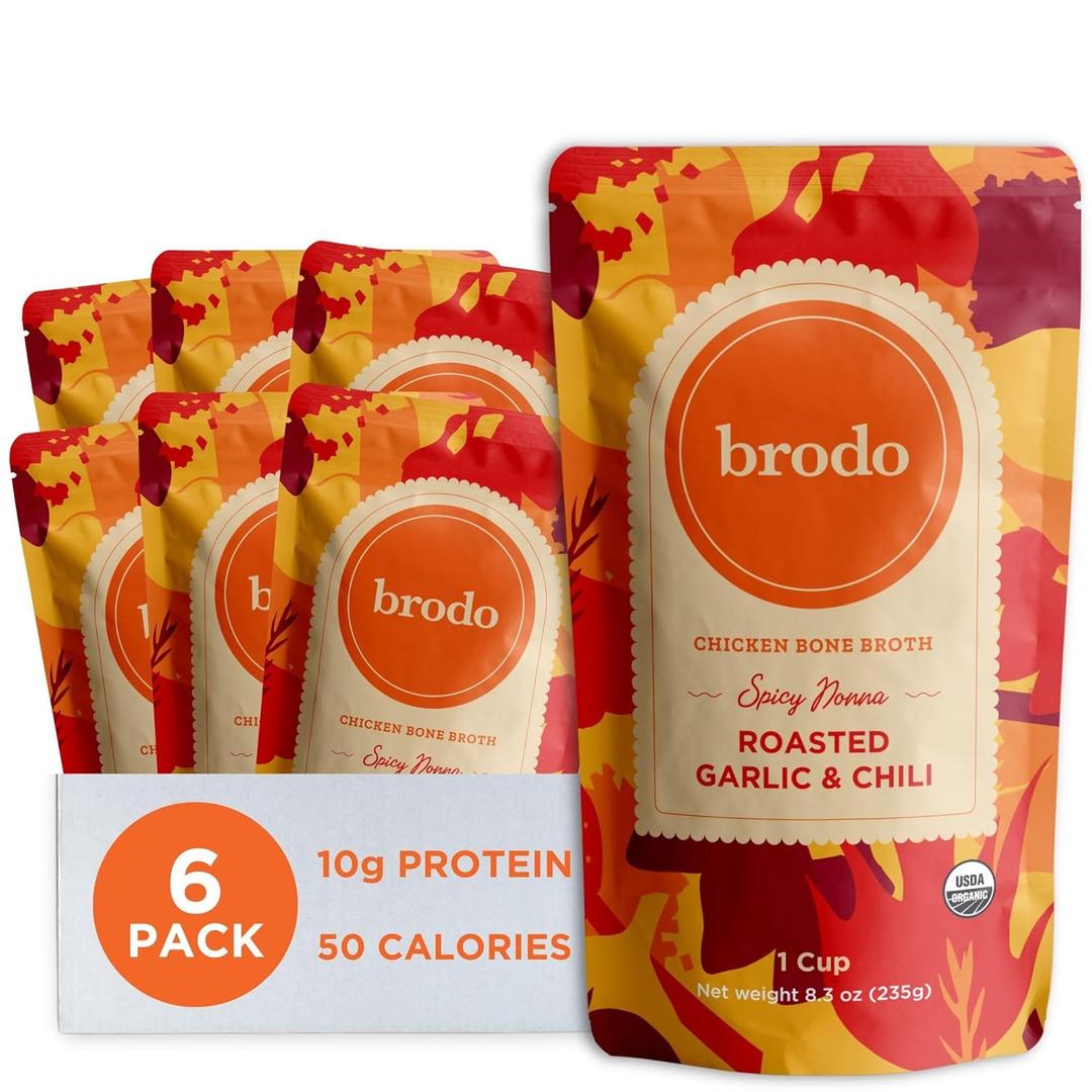 Brodo Spicy Nonna Roasted Garlic & Chili Chicken Broth Nutrient Dense, Chef Crafted Bone Broth in Single Serving Pouches Not Made From Concentrate, No Preservatives (6x 8.3oz Pouches), BB Date: 04/17/28