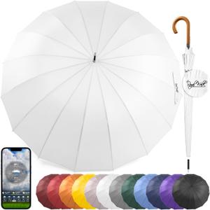 Royal Walk Windproof Large Umbrella for Rain 54 Inch Automatic Open for 2 Persons Wind Resistant Big Golf Umbrellas for Adult Men Women Classic Wooden Handle Fast Drying Strong 16 Ribs Travel 120cm (White)
