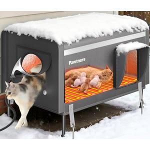 Pawtners Heated Outdoor Cat House for Outside Cats, 26'' XL Insulated Weatherproof Cat Shelter with Heated Pad, Elevated Feet & Escape Door, Warm Kitty House for Feral or Stray Cats in Winter