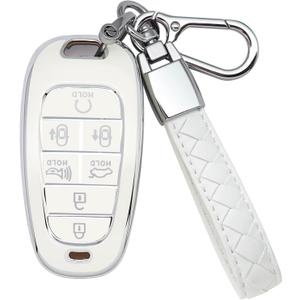 for Hyundai Key Fob Cover 7 Button with Leather Keychain Soft TPU 360 Degree Protection Car Key Case Shell Holder Fits for 2023 2022 2021 2020 Hyundai Sonata Santa fe Tucson, White (Silver Edge)