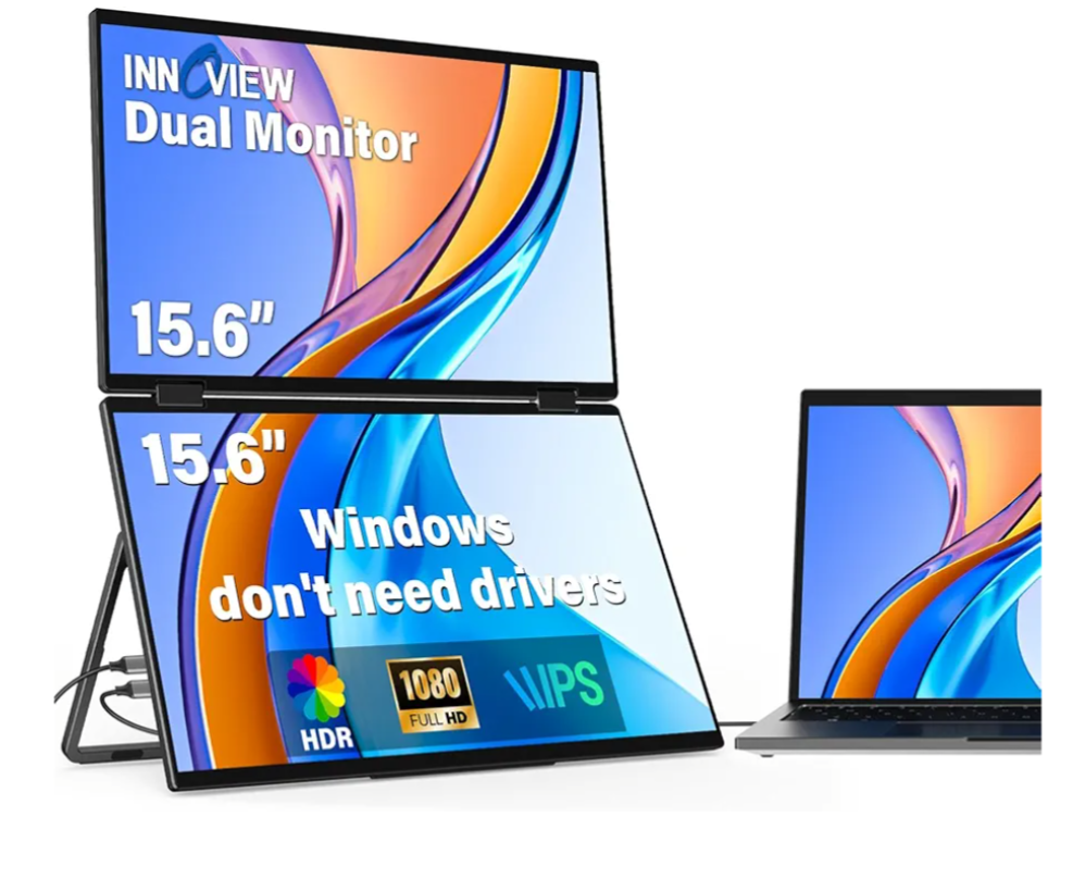 FHD Dual Portable Monitor | All-in-One Foldable & Stackable Design | 315° Screen Adjustment & 180° Stand | USB-C/HDMI Travel Monitor for Laptop, Mac, Windows