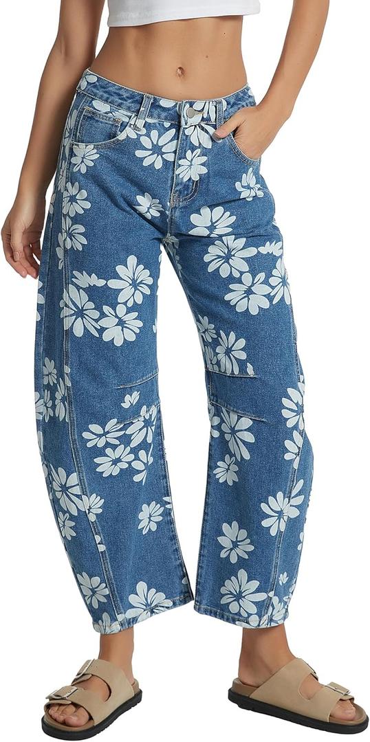 D-Sun Women Printed Barrel Jeans Casual Low Rise Floral Printed Cropped Wide Leg Denim Pants Boyfriend Baggy Jean with Pocket (Blue)