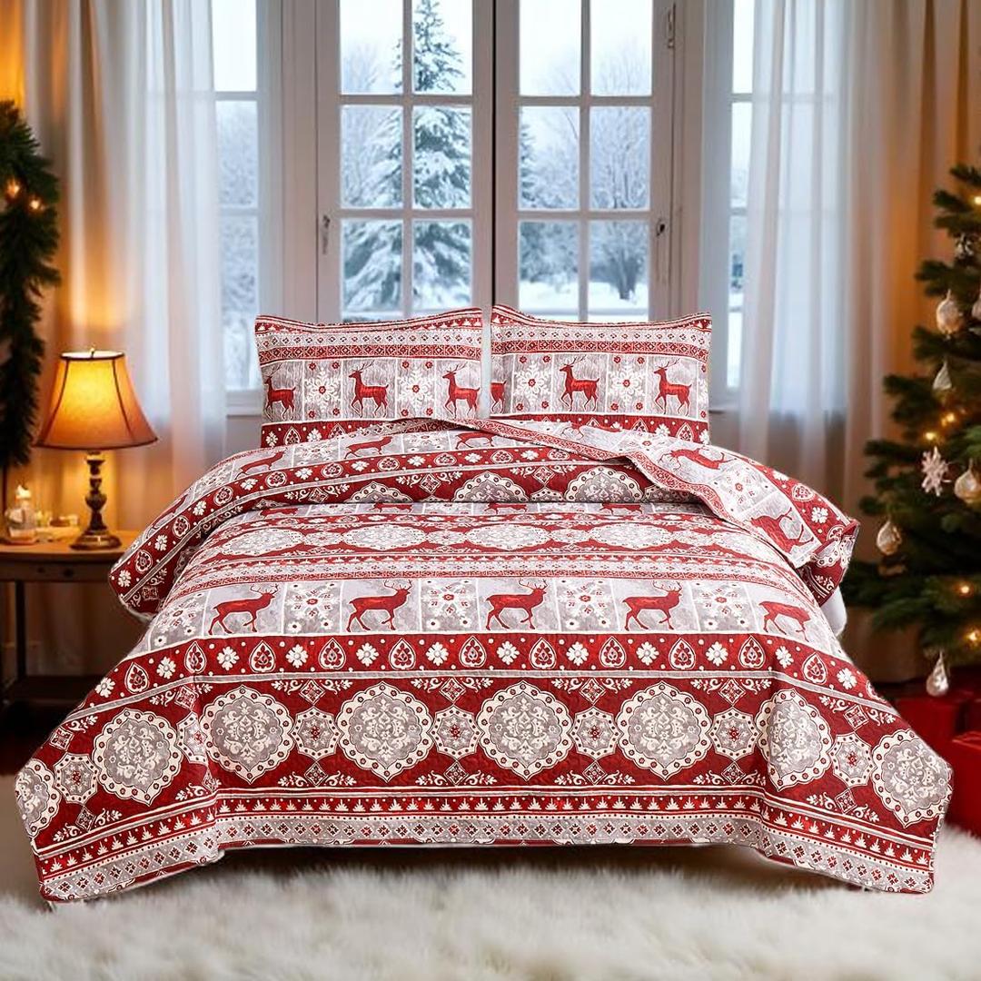 3 Pcs Red Gray Christmas Reindeer Bedding Quilt Set King Size Xmas Deer Bedspread New Year Snowflake Coverlet Holiday Bedroom Home Decor (King(108"x96"))