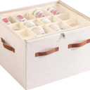 Shoe Organizer for Closet, Foldable Large Shoe Storage Box with Clear Cover, Removable Partitions and Bottom are Supported by Plastic Boards (Beige, 20.5“Lx16.9 Wx13'H) 2 PACK