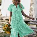chouyatou Women's Summer Flutter Sleeve Midi Long Gingham Dress Plaid Button Down Shirt Dress (Green, XL)