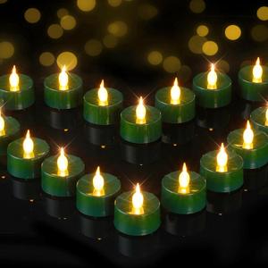 BEICHI Green Flameless Candles, 24-Pack LED Tea Lights Candles Battery Operated, Electric Fake Tealight Candles, Votive Candles Bulk for Halloween, Christmas, Party, Mardi Gras (Green Base, Warm White Light)