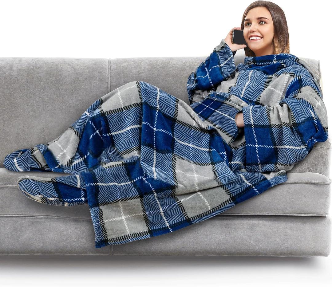 PAVILIA Fleece Blanket with Sleeves, Foot Pockets for Women Men Adults, Plush Wearable Blanket Throw Wrap, Warm Snuggle Blanket Robe, Cozy Gift Ideas Wife Mom, Plaid Navy Blue