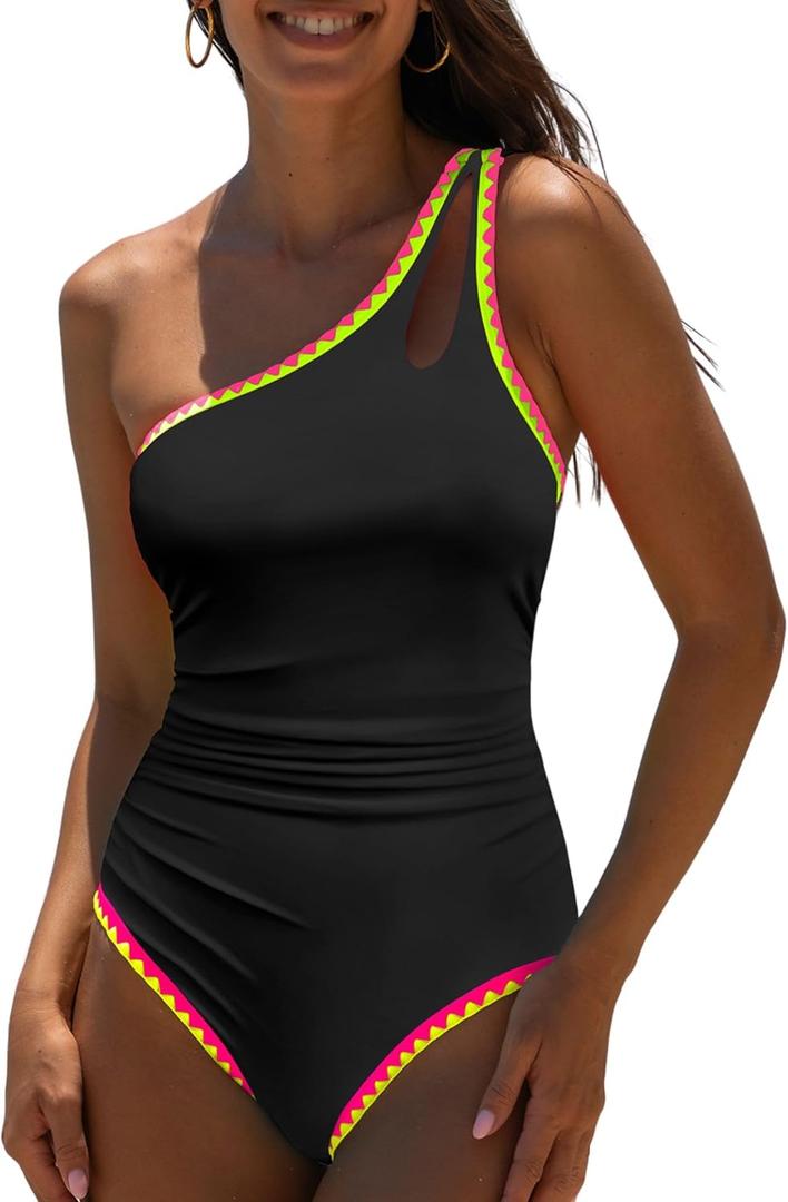 Popvil One Shoulder One Piece Swimsuit for Women Neon Color Block Bathing Suits Modest Full Coverage Swimwear (Black, XL)
