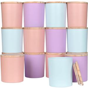 SHOWIN 10 OZ Thick Candle Jars for Making Candles 15 Pcs, Empty Jars with Wood Lids for Candle Making, Sample Container, Colourful