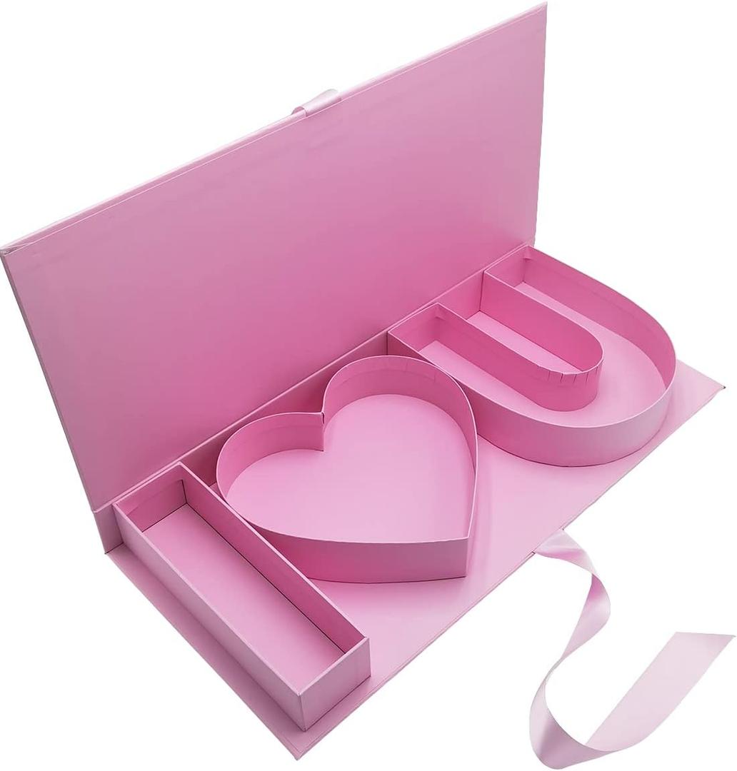 WENPACK Empty Flower Gift Box I Love U Cardboard Letter Shaped Fillable Chocolate Strawberry Candy Packaging (Pink), 1 Count