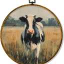 Hiuwevt Vintage Cow Round Wall Art Decor, Cottagecore Milk Cow Framed Canvas Prints, Rustic Farmhouse Animal Round Wall Hanging Decor for Country Home Living Room Decorations, 10x10 Inches