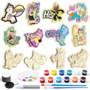 Golray DIY Wooden Magnets Crafts to Paint for Kids 4-8, 12 Pcs Magnetic Paint Crafts Making Kit for Party Favors, Art and Craft Supplies Birthday Gifts Toys for Boys Girls Ages 3 4 5 6 7 8 (Unicorn)