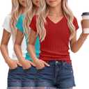 3 Pack Girls Shirts Kids V Neck Short Sleeve Ribbed Knit Tunic Tops Slim Fit Casual Cute Basic Summer Solid Tee 5-6Y