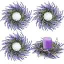 4 Pcs Lavender Candle Rings Wreaths Mini Purple Wreath Table Centerpieces 3 Inch Floral Wedding Ring Wreaths Pillar Lavender Candle Holder for Spring Summer Home Door Party Decoration