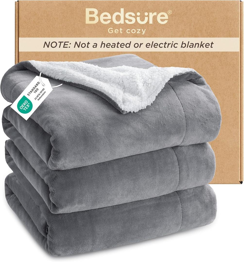 Bedsure GentleSoft Sherpa Fleece Queen Blankets for Bed, Non-Heated, Thick and Warm Throw for Women and Men, Soft Fuzzy Plush Queen Blanket for Winter, Grey, 90x90 Inches