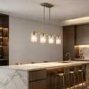 4-Light Brushed Nickel Clear Glass Linear Chandelier, Adjustable Height Modern Kitchen Pendant Lighting Over Island, Modern Kitchen Hanging Lights for Dining Room, 4 Light-31in
