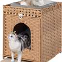 Snughome Cat Litter Box Enclosure Furniture Hidden with Litter Mat, Hidden Washroom Furniture with Door, Handwoven Rattan Cat Washroom Box, Indoor Pet House for Living Room, Bedroom(Natural)