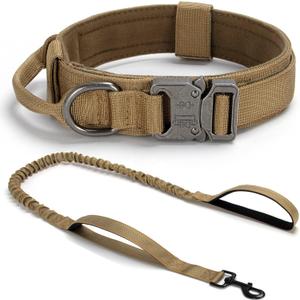 Tactical Dog Collar Set, Adjustable Military Training Nylon Dog Collar with Control Handle and Heavy Quick-Release Metal Buckle for Small Medium Large Dogs, Brown Set L