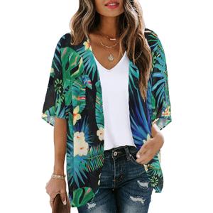 Women's Floral Print Puff Sleeve Kimono Cardigan Loose Cover Up Casual Blouse Tops (Medium, Black Green Tropical)