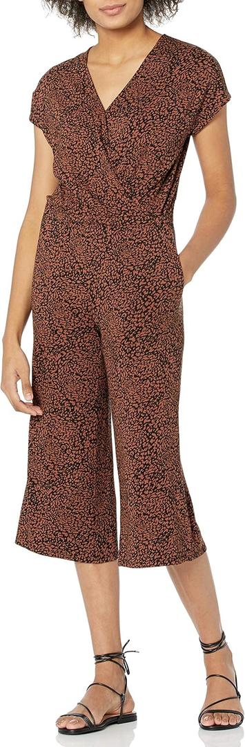Amazon Essentials Women's Short-Sleeve Surplice Cropped Wide-Leg Jumpsuit (Medium, Brown Animal Print)
