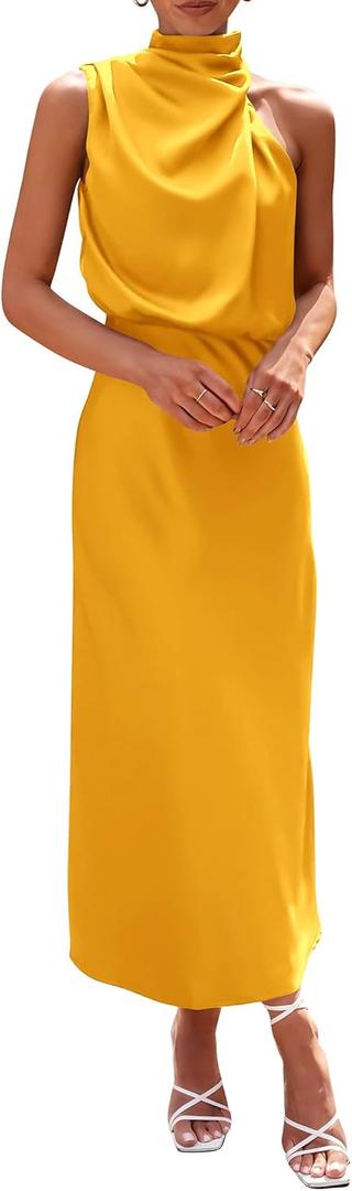 PRETTYGARDEN Women's 2025 Summer Satin Dress Elegant Sleeveless Mock Neck Cocktail Party Maxi Dresses (Medium, Yellow)