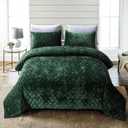 Fredsure Distressed Velvet Quilt Set, 3 Pieces Blackish Green Queen, Distressed Velvet Face and Brushed Microfiber Reverse with Diamond Quilting