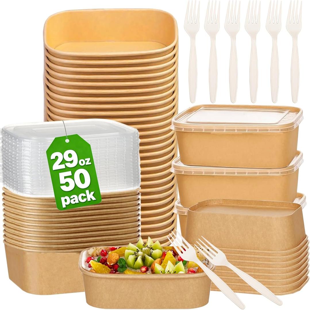 50-Pack 29oz Disposable Kraft Paper Bowls with Lids and Forks,Disposable Meal Prep Containers,to go food containers,Microwavable and Freezer Take Out Containers for Hot/Cold Food