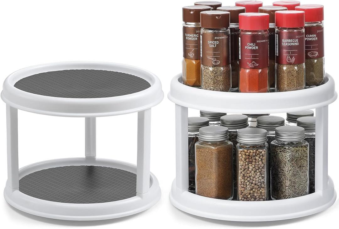 2 Pack, 2 Tier 10" Turntable Lazy Susan Spice Organizer  Rotating Seasoning Rack Spinner for Pantry Cabinet Kitchen Countertop, Table Top Organizing  Multiuse Two Tier Rotating Organization Rack