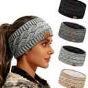 3-Pack Women's Winter Headbands Fuzzy Fleece Lined Cable Knit Ear Warmer Thick Warm Crochet Head Wrap Gifts Stocking Stuffers Criss-Cross Pattern Cold Weather (Black, Deep Grey, Light Grey)