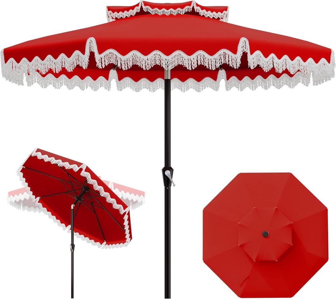 AreShark 9FT Patio Umbrella with Fringe, Wind-Resistant Fiberglass 8 Ribs Tassel Outdoor Umbrella with Crank and Push Button Tilt, Double Tier Vent Sun Shade for Pool, Deck, Backyard, Red