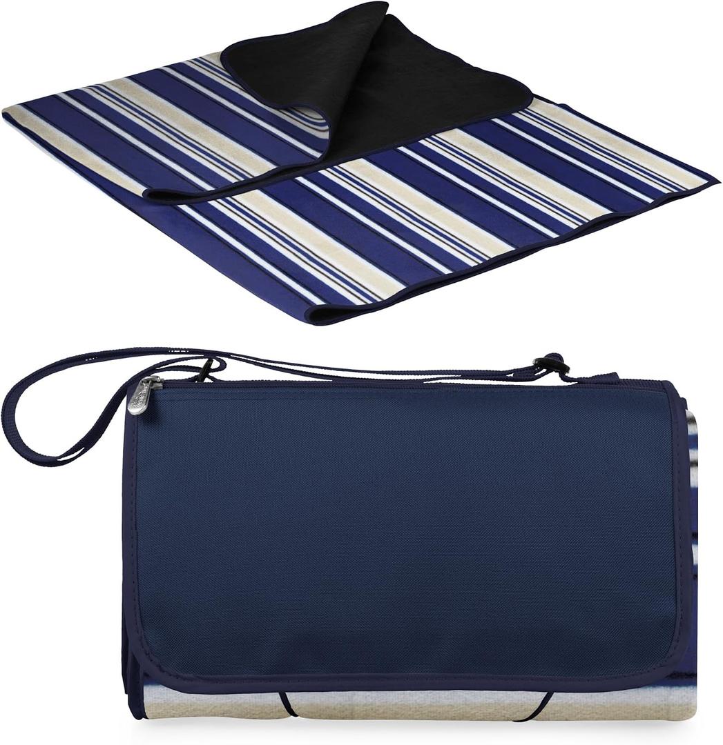 ONIVA Blanket Tote XL Outdoor Picnic Blanket, 70"x80" Foldable Beach Blanket with Fleece Top, Water-Resistant Backing, Strap & Pocket, Portable Mat for 4-5 People by Picnic Time (Blue Stripe/Navy Flap), X-Large