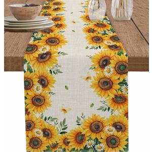 Sunflower Table Runner 13x72 inch, Vintage Farmhouse Daisy Leaf Butterfly Dinning Table Runner for Farmhouse Wedding Party Barbecue Table Decor